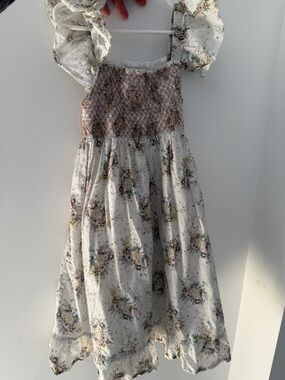 Girls White Floral Smocked Casual Dress with Puff Sleeves